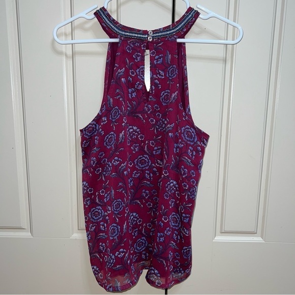 Hollister Burgundy Halter Beaded Neckline Floral Tank Blouse Size Small - Picture 9 of 13